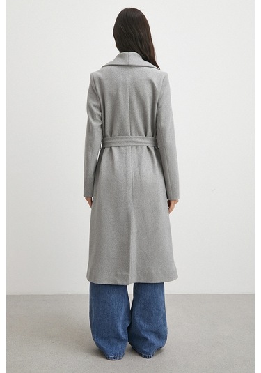 Kuşaklı Kaşe Kaban Gri Gri