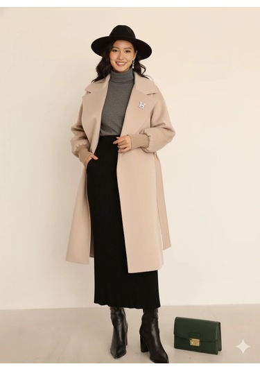 Kadın Siyah Kaşe Uzun Kaban Maksi Boy Palto Geniş Yakalı Düz Kesim Kışlık Bej