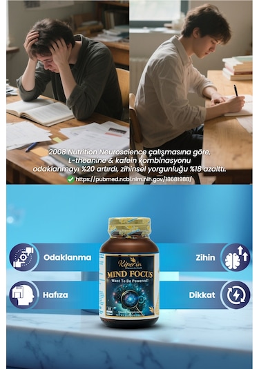 Kiperin Mind Focus Aslan Yelesi Mantarı, Sitikolin, Rhodiola, L-theanin .. 1440mg Akıllı Gıda Takviyesi