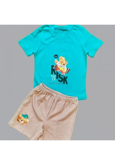 1-2-3 Yaş Kaykaycı Ayı Baskılı Şortlu Kısa Kollu Tişört 2li Erkek Bebek Takımı Turkuaz Turkuaz