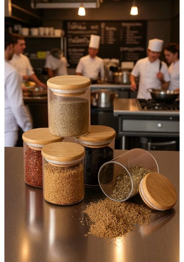 6'lı Borosilikat Cam Baharatlık Seti - Sızdırmaz Silikonlu Bambu Kapak - 70 X100-300 Ml X6 Beyaz