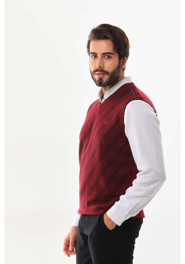 Pelikan Erkek Çizgili V Yaka Süveter 9625 Kiremit