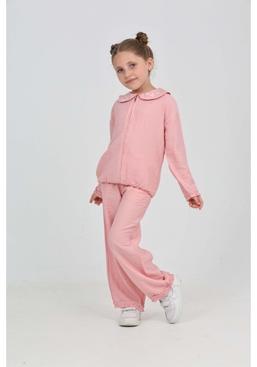 Toontoy Kız Çocuk Yaka Nakışlı Eşofman Takım Açık Pembe