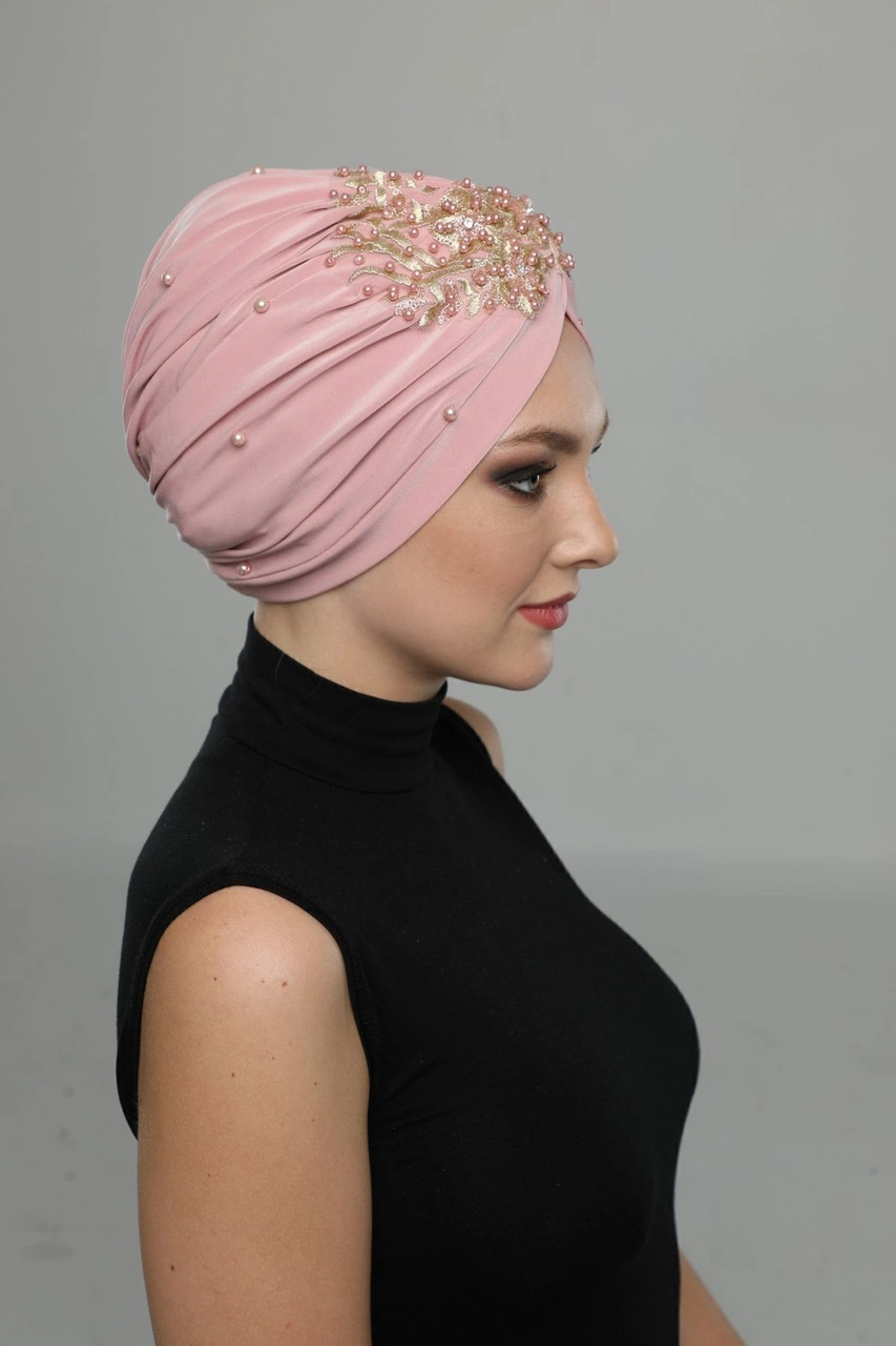 Kopma Astarlı Işlemeli Pudra Sırma Motifli Hazır Türban Tesettür Abiye Bone Pudra Sırma