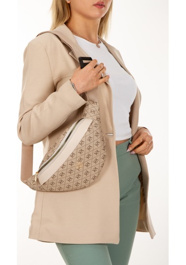 Newish Polo Kadın Desenli Çapraz Omuz Askılı Bel Ve Omuz Çantası - New345 Bej