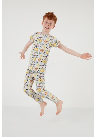 Lela Desenli % 100 Pamuk Bisiklet Yaka Erkek Çocuk Pijama Takımı 6651003 Ekru-Sarı