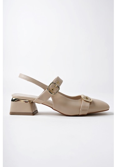 Muggo Yuqi Arkası Açık Küt Burun Çift Kemerli Kadın Günlük Klasik Kısa Topuklu Ayakkabı Bej