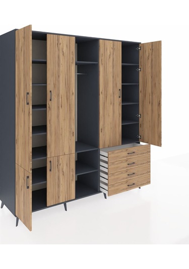 Kronos Dolap 14 Raflı 4 Çekmeceli Tek Askılı 220x59x243 Antrasit-çam/çam Atlas Çam/atlas Çam