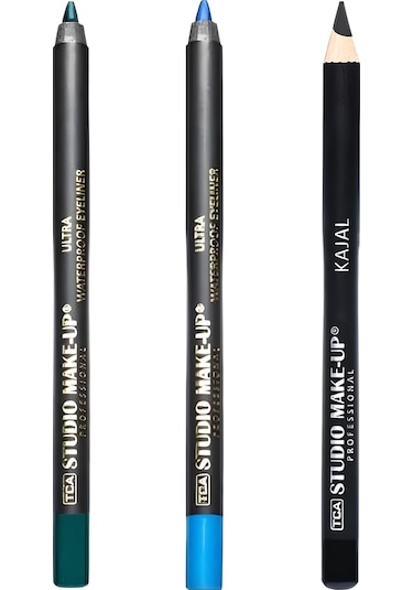 Tca Studio Make-Up Ultra Waterproof Göz Kalemi 808 Dark Blue + 805 Green + Ultra Waterproof Eyeliner Kajal Black