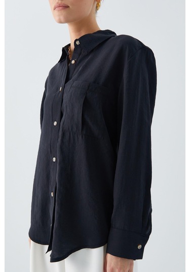 4628 Kadın Cep Detaylı Modal Gömlek Siyah Siyah