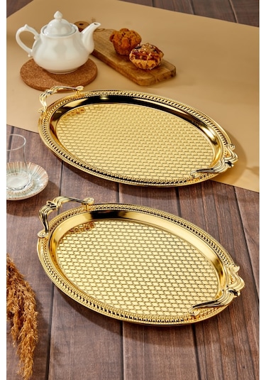 Cooker 2'li Özel Lüx Oval Paslanmaz Çelik Tepsi Büyük: 44 Cm Küçük : 37 Cm Sarı