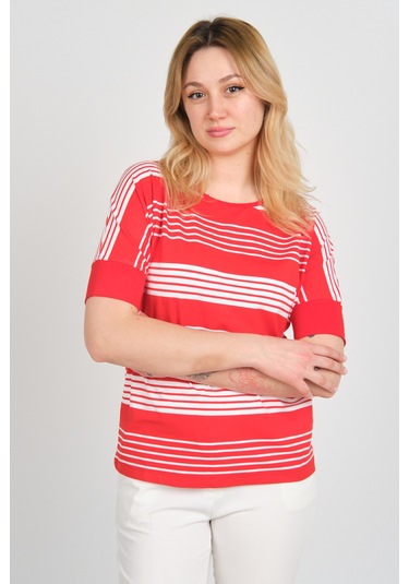 Sistas Kadın Kol Uçları Likralı Çizgili Kısa Kol Bluz 24201 Kırmızı Kırmızı