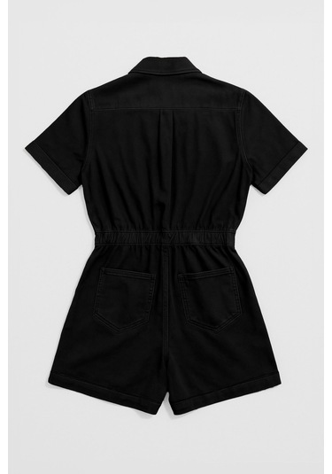 Kadın Kısa Kollu Fermuarlı Beli Lastikli Jean Tulum Şort Siyah
