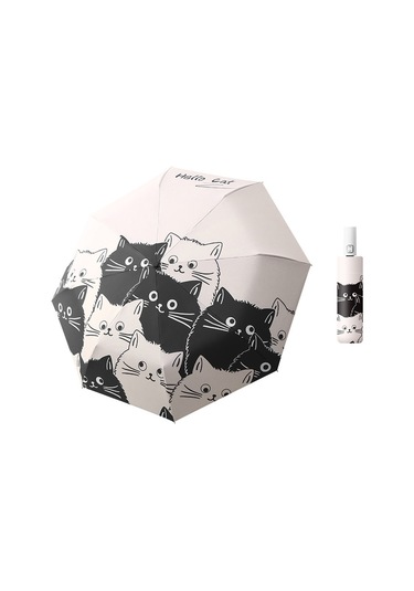 Siyah Beyaz Kedi Desenli Katlanır Şemsiye, Yağmur Geçirmez Güneş Koruması Uv Koruması Seyahat Şemsiyesi Kedi Desenli Otomatik Şemsiye Diğer
