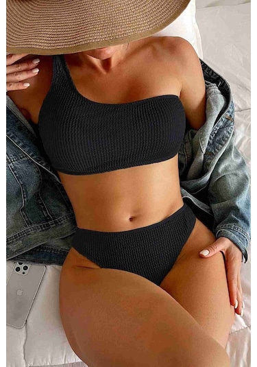 Angelsin Özel Fitilli Kumaş Bikini Takım Siyah 001