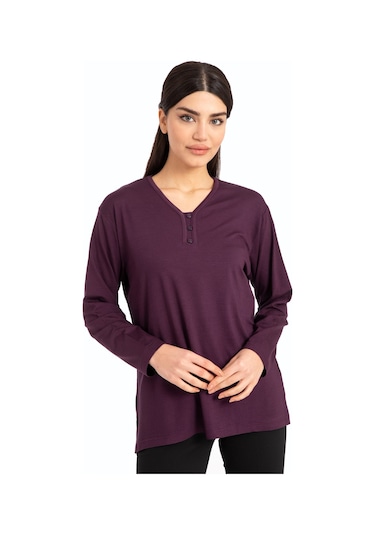 Kadın Orta Yaş ve Üzeri Dört Mevsim V Yaka Rahat Kalıp Likralı Viskoz Anne Penye Bluz 140-Mürdüm