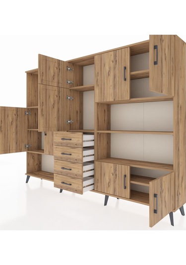 Arges Dolap 9 Raflı 4 Çekmeceli 8 Kapaklı 220x30x163 Çam-çam Çam-çam