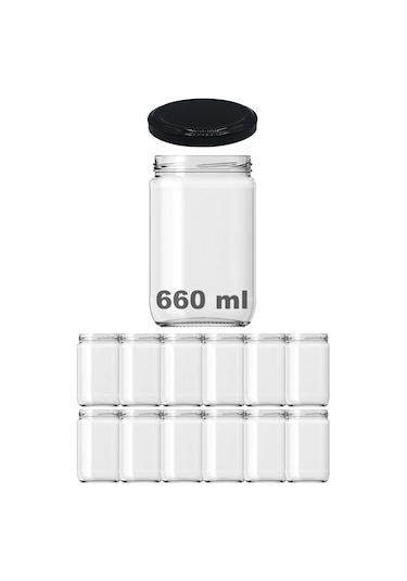 Afracam 660 Ml Metal Kapaklı Şeffaf Cam Kavanoz 12 Adet Siyah