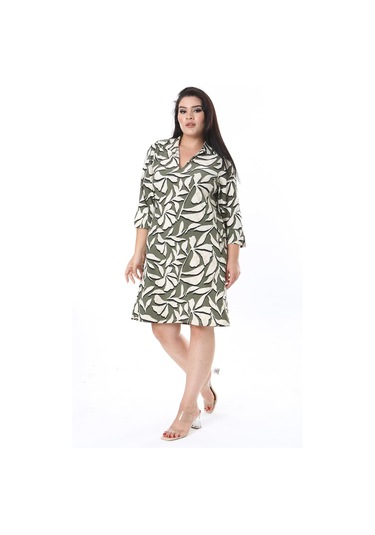 Kadın Büyük Beden Yeşil Gömlek Yakalı Ön Cepli Likralı Elbise 65n38319-yeşil Yeşil