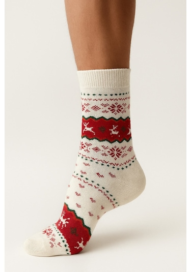 Plus Scorpion Erkek Yılbaşı Soket Çorap Pamuklu, Desenli, Sıcak Tutan Noel Temalı 40-45 Numara Beyaz - Kırmızı