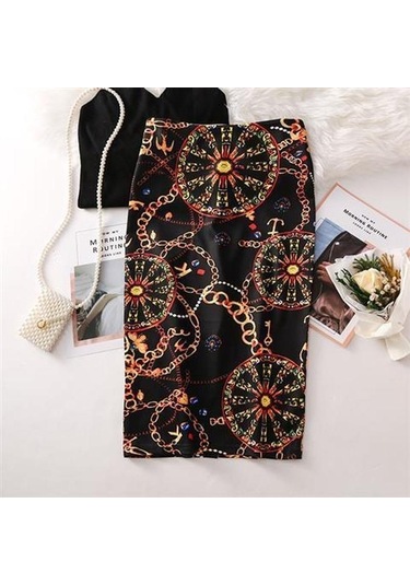 Siyah&kırmızı Yaz Baskı Zarif Kalem Etek Kadın Yüksek Bel Diz Boyu Etek Kadın Siyah - Kırmızı