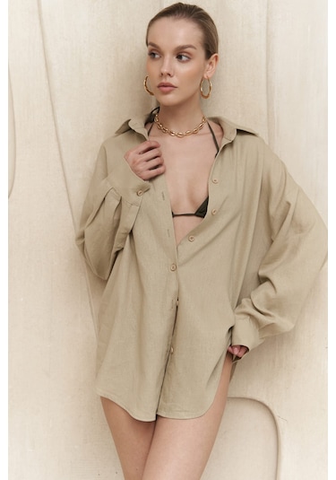 Charlotte Bej Oversize Keten Gömlek Bej