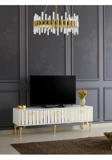 180 CM DUBAİ METAL AYAK-MDF MEBRAN KAPAK TV SEHPASI BEYAZ - GOLD
