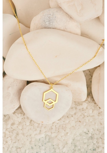 Dkmn Gümüş İç İçe Altıgen Kolye 925 Ayar Kadın Gümüş Kolye