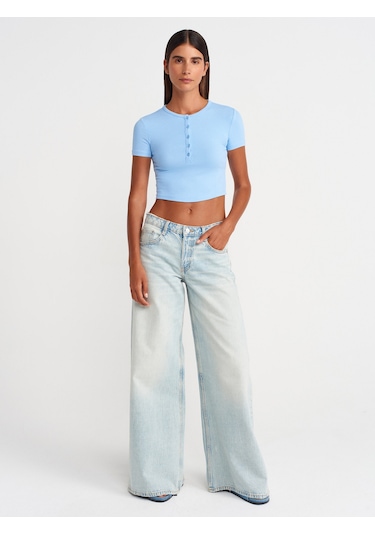 Dilvin 31647 Düğme Detaylı Crop Top-mavi Mavi