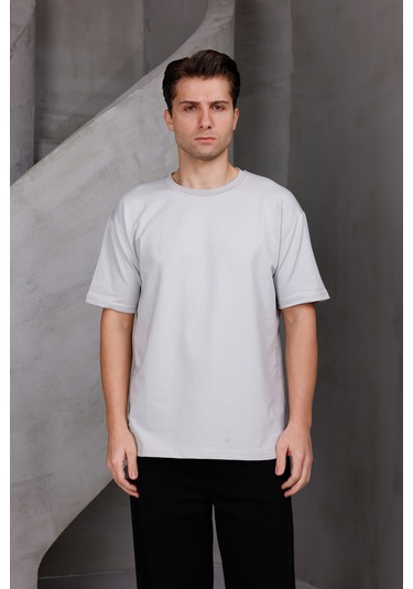Erkek Basic Oversize Bisiklet Yaka 2 İki İplik Kompakt T-shirt Ekru
