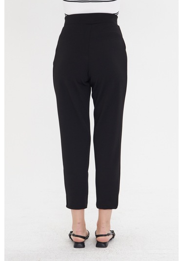 Çift Düğmeli Havuç Model Bilek Boy Kadın Kumaş Pantolon Siyah