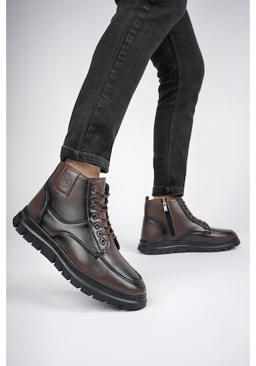 Muggo Gilberto Garantili Fermuarlı Bağcıklı Kürklü Hafif Taban Erkek Bot Kahverengi