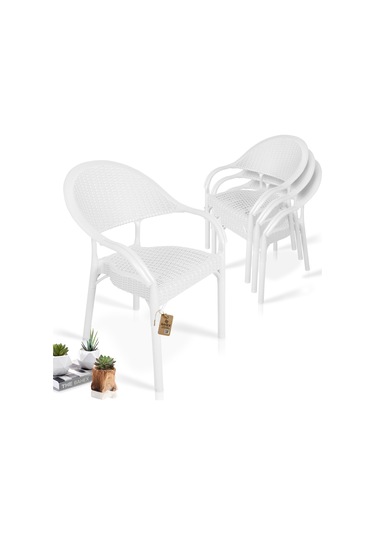 Bahex Bambu 4lü Set Rattan Kollu Bahçe Sandalye Koltuk 4ad Beyaz