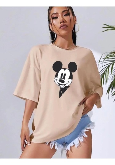 Hırsch Kadın Bej Oversize Mickey Mouse Baskılı Tshirt Bej