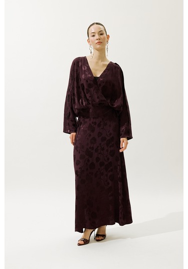 Jakarlı Saten Kimono Bordo Bordo