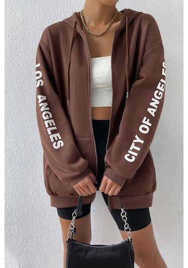 Modagen Kadın Kahverengi Kol Los Angeles Baskılı Detaylı Kapüşonlu Hırka Kahve