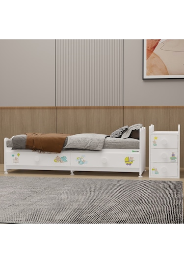 Garaj Home Melina Mdf Çıtalı Beşik + Yatak + Uyku Seti - Ayıcık Beyaz