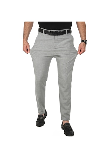 Deepsea Erkek Gri İtalyan Kesim Tüylenmez Likralı Spor Pantolon Esnek Kumaş Bilek Boy Boru Paça Klasik Pantolon 2502005 Gri