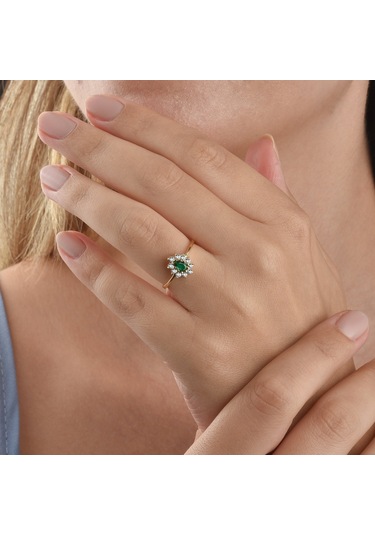 14 Ayar Mikron Altın Kaplama Zümrüt Yeşili Taşlı Damla Halo Yüzük Vintage Stil - Rs00117 Altın