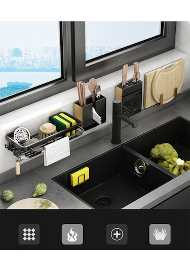 Xiyyadms Çok Amaçlı Paslanmaz Çelik Banyo & Mutfak Organizatörü - Sünger, Sabun, Havlu Askısı Siyah