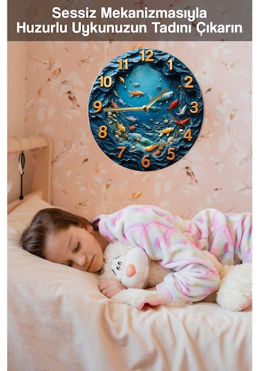 Akvaryum Ve Balık Temalı Mdf Duvar Saati 3d Görünümlü, Sessiz Quartz Mekanizma, 2d Hd Baskı Sdw243 Renkli