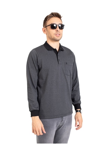 Erkek Orta Yaş ve Üzeri Polo Yaka Cepli Uzun Kollu Fitilli Mevsimlik Sweatshirt 1219-Füme-Füme