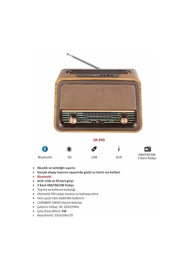 Leader LR-243 Radio,BT,USB,TF Retro Müzik Kutusu