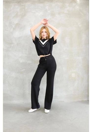 Ge Ticaret Osy Modal Yumuşak Dokulu Kumaş Bisiklet Yaka Parçalı Detaylı Kısa Kollu Takım - Siyah Siyah