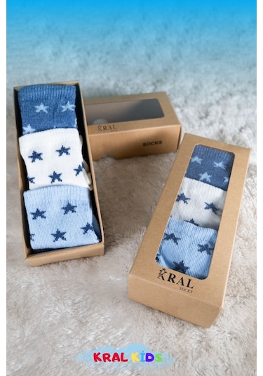 6 Çift Erkek Bebek Çorap Kutulu Patik Boy Yıldız Desenli, Pamuklu Beyaz