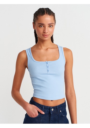Dilvin 20983 Düğmeli Kare Yaka Top-açık Mavi Açık Mavi