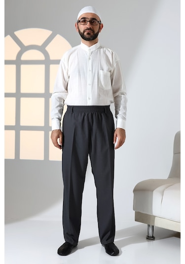 Erkek Rahat Kesim Beli Lastikli Cepli Hac Ve Umre Kumaş Şalvar Pantolon - Füme İsr Füme