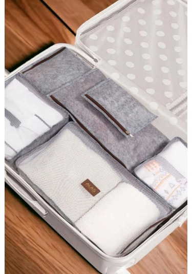 Deri Detaylı Gri 6'lı Set Bavul İçi Düzenleyici Organizer Valiz Düzenleyici Bebek Doğum Hurcu Gri