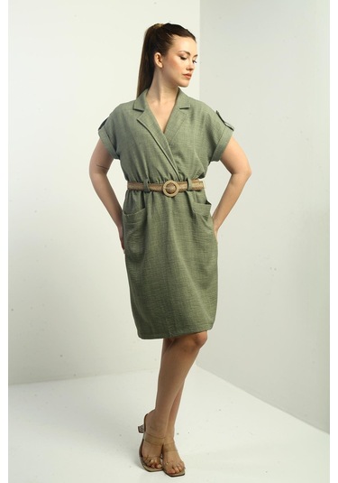 Kadın Torba Cepli Beli Kemerli Elbise-40529 Haki