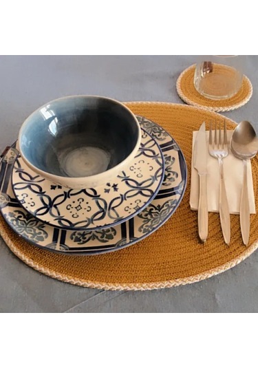 Uretti - Fatma 7987 - El Yapımı Hardal Renk Doğal Pamuk İp 6'lı Supla Takımı - 33 X 40 Cm Hardal